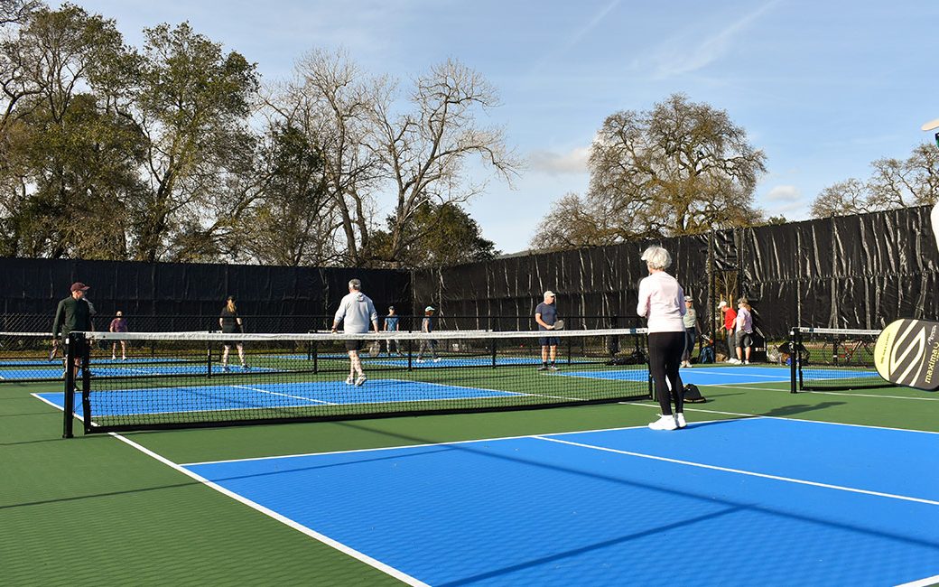 Players on the dedicated pickleball courts at Larson Park, Sonoma, with black windscreen fencing and oaks behind